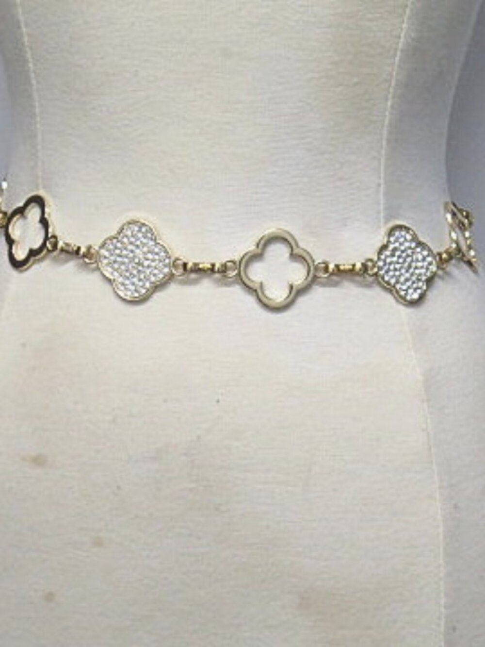 Gold Tone Quatrefoil Rhinestone Chain Belt Adjustable Statement Waist Belt